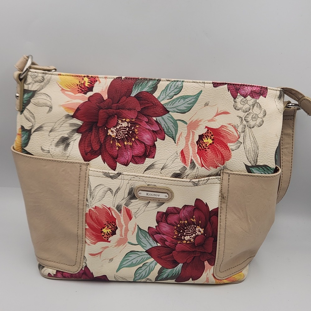 KOLTOV Floral Shoulder Bag Beige Faux‎ Leather Zip Top Purse Medium
